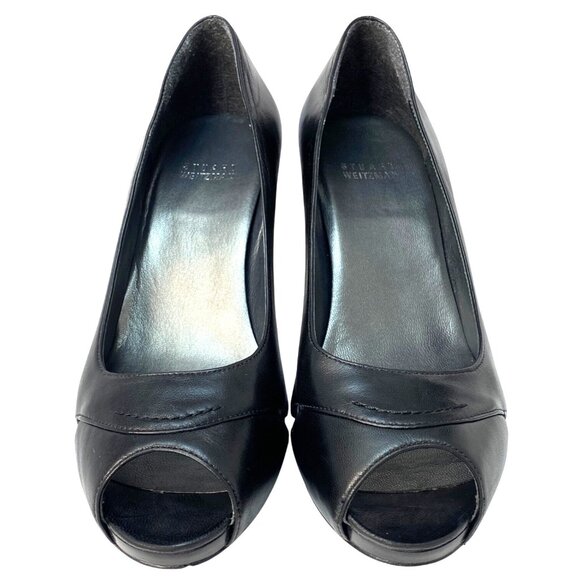 Stuart Weitzman Black Leather Peep Open Toe High Heel Luxury Pumps Size 7.5M - Picture 5 of 13